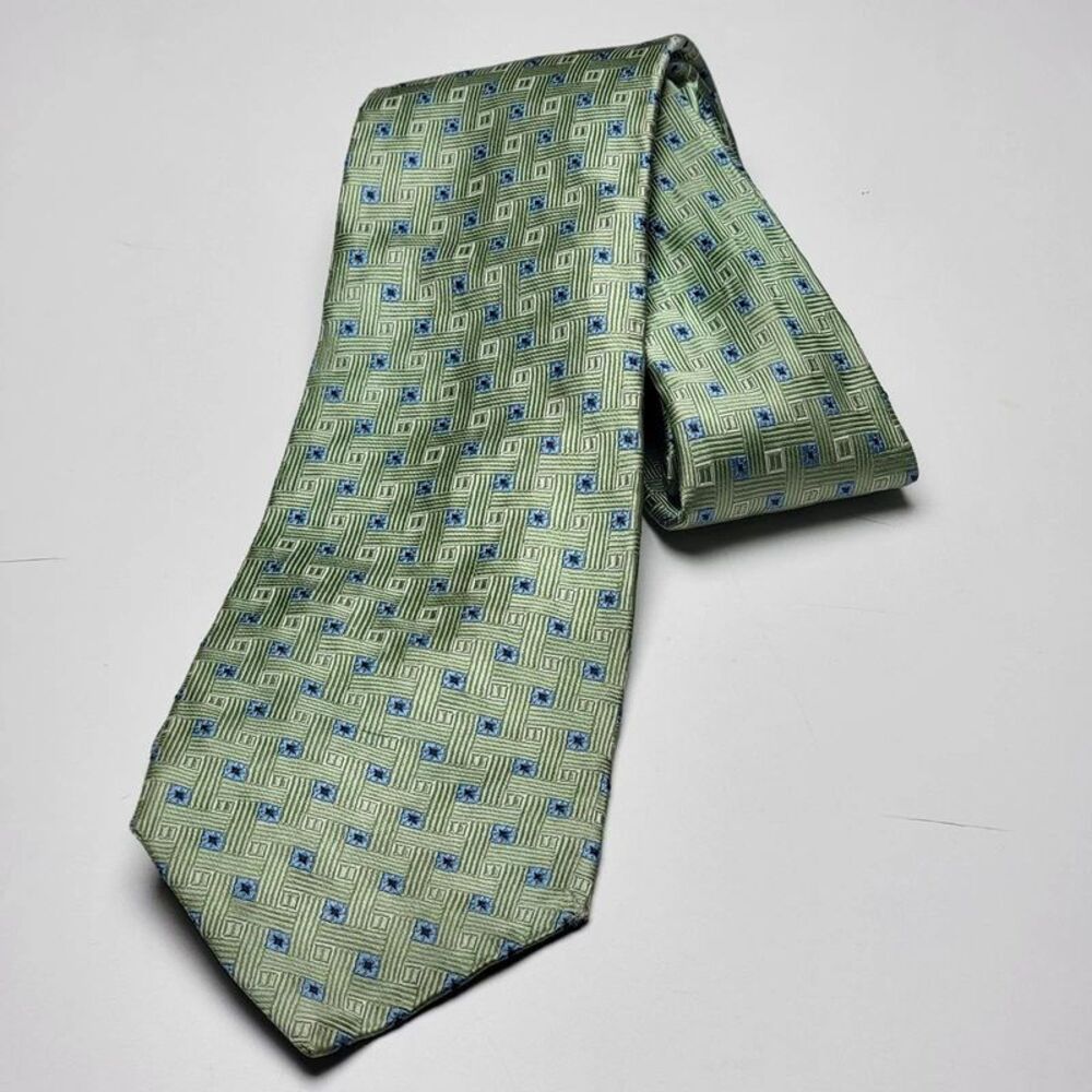 Brooks Brothers 346 Tie Mens Green Blue Geometric Square Pure Silk Necktie USA